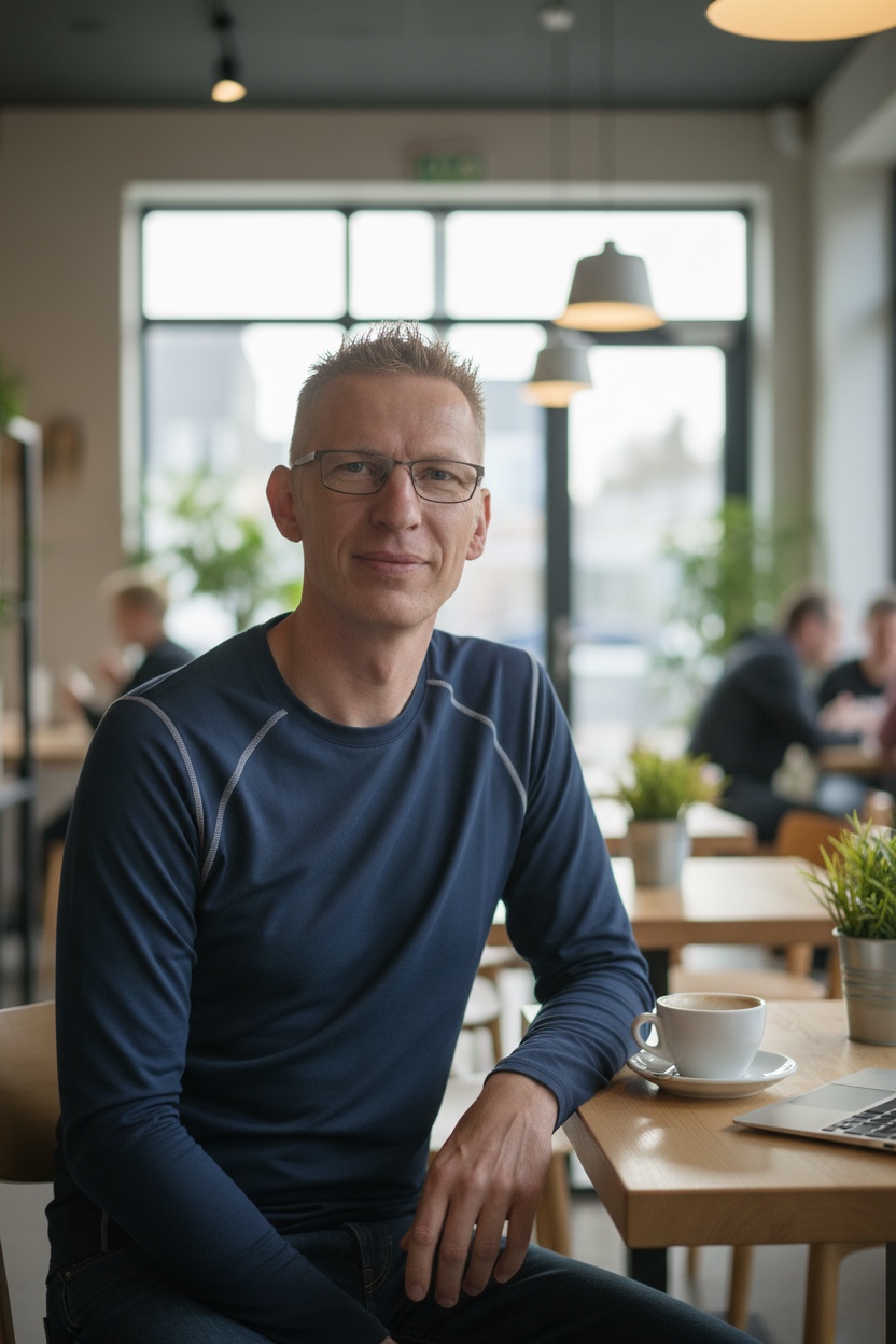 André Dieckmann, Inhaber Immobilien Ratgeber, Porträt in einem Café.